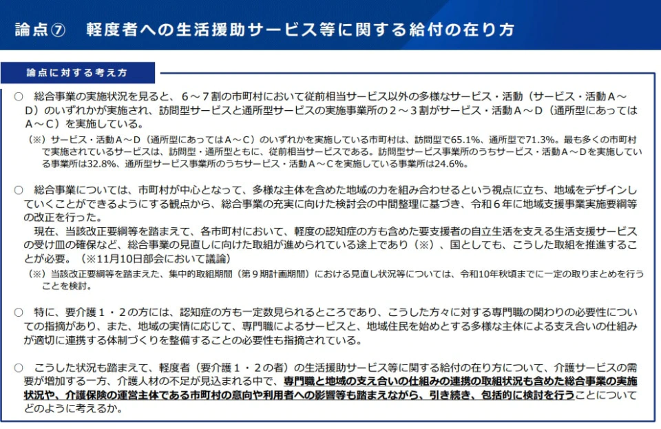 要介護1・2への生活援助等サービスの総合事業への移行は見送りへ（介護保険部会資料）